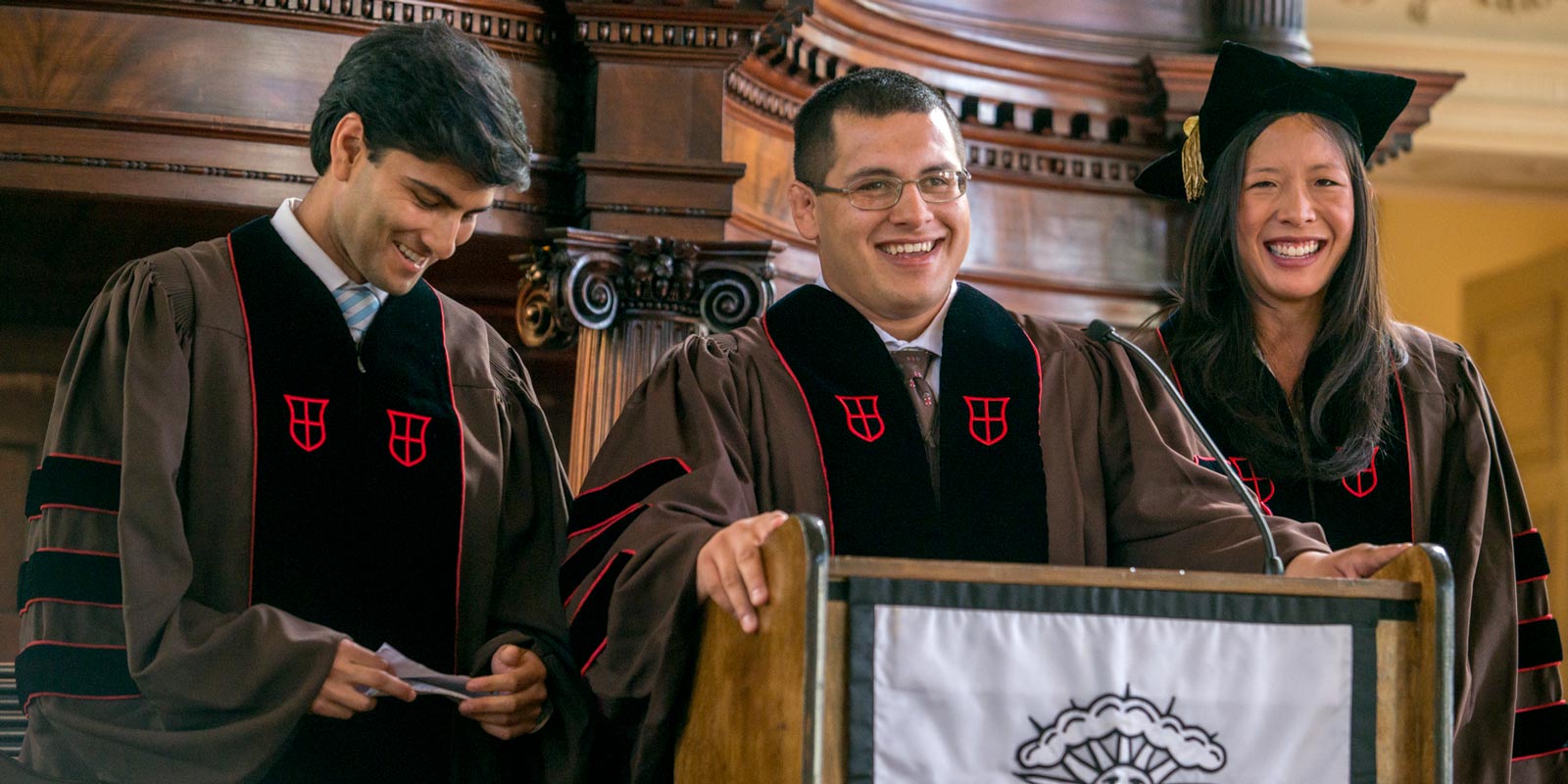 Drs. Kunal Sindhu, Marcos Aranda and Dorothy Liu spoke as a trio to their fellow M.D. graduates at the Warren Alpert Medical School ceremony on Sunday.