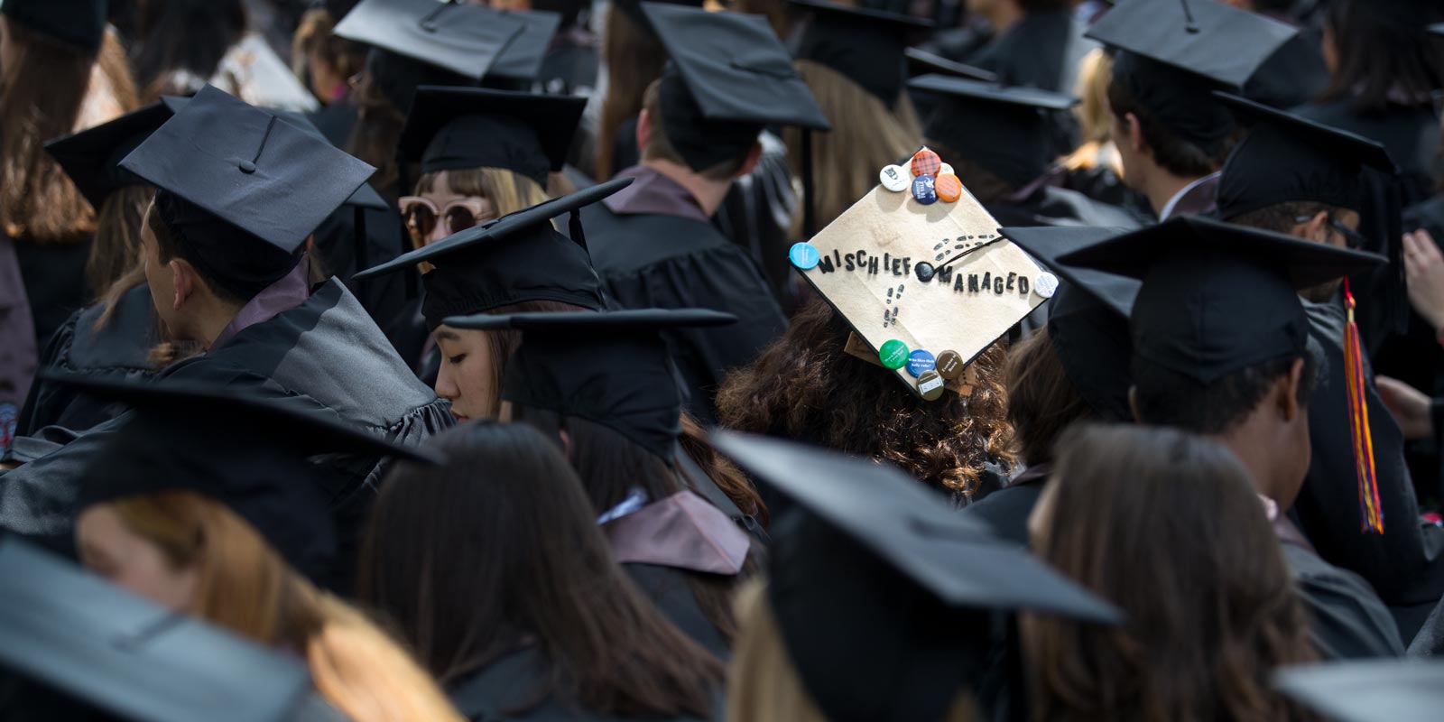 A Harry Potter-themed mortarboard stood out within the crowd of seniors seated at the College Ceremony.